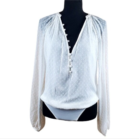 ABERCROMBIE & FITCH White Clip Dot Balloon Sleeves Bodysuit Blouse Size S - Picture 1 of 10